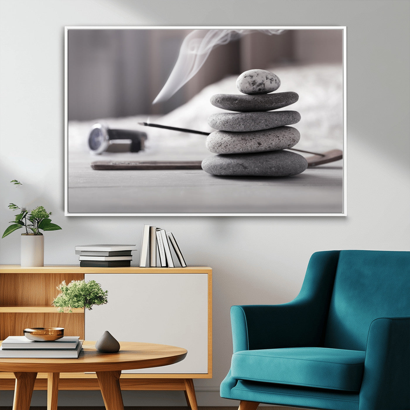 MGV-FC-36X24 - Burning Incense and Zen Stones Buddhism Wall Art, Zen Stones Wall Art Canvas Print