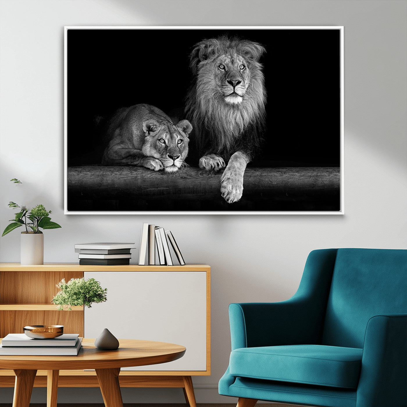MGV-FC-36X24 - Large Black and White Lion Couple Wall Art Canvas Print