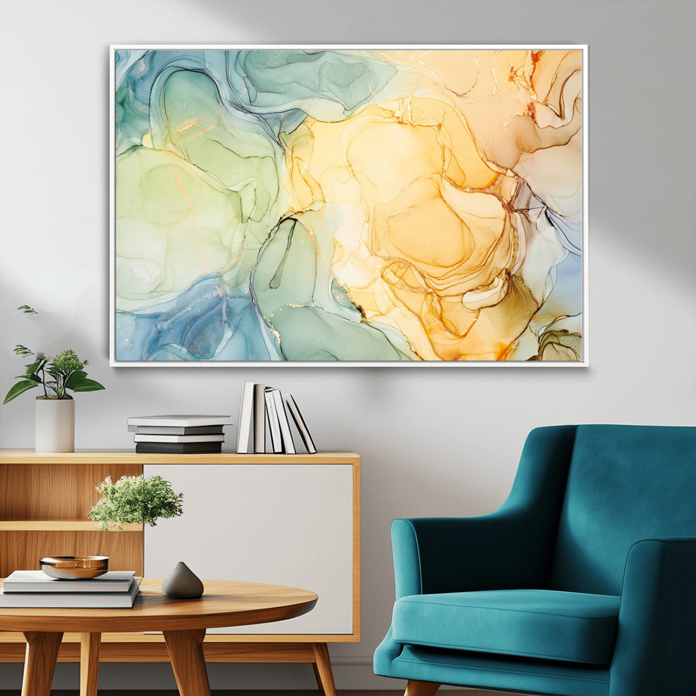 MGV-FC-36X24 - Green and Yellow Marble Fluid Effect Wall Art, Green and Yellow Marble Canvas Wall Art Print
