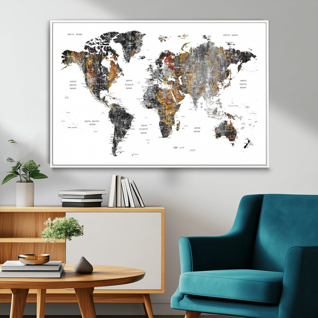 Modern Metallic World Map Canvas Wall Art | Framed Contemporary World Map Print