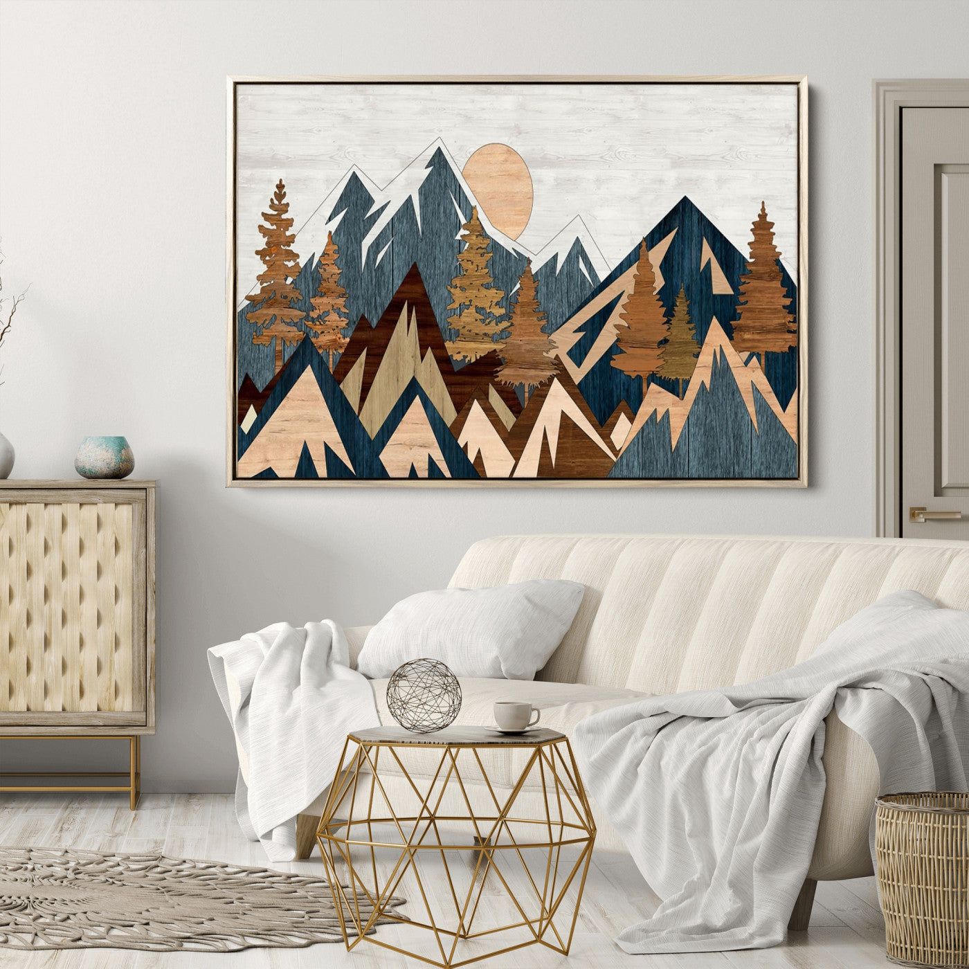 91467-MGV-CV-36X24-Abstract Wood Panel Effect Mountain Range Top Wall Art Canvas Print