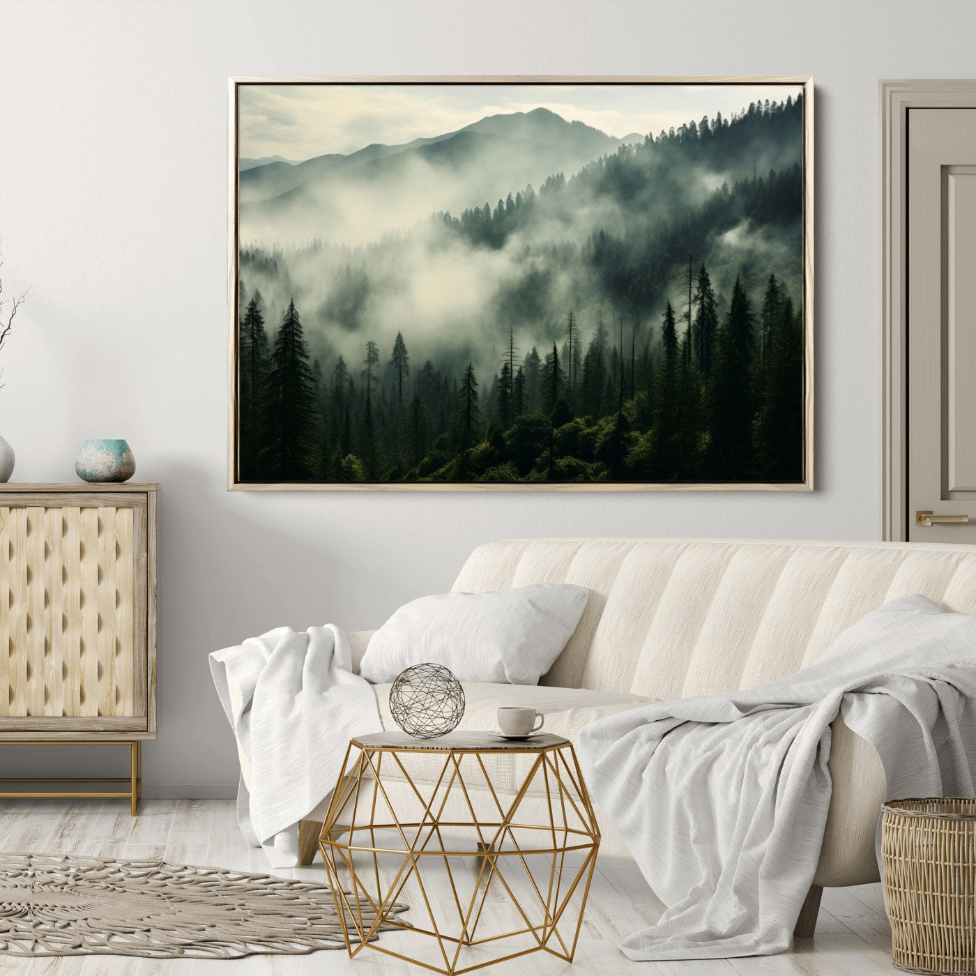25295-MGV-CV-36X24-Captivating Misty Forest Wall Art Premium Canvas Print a Foggy and Serene Atmosphere