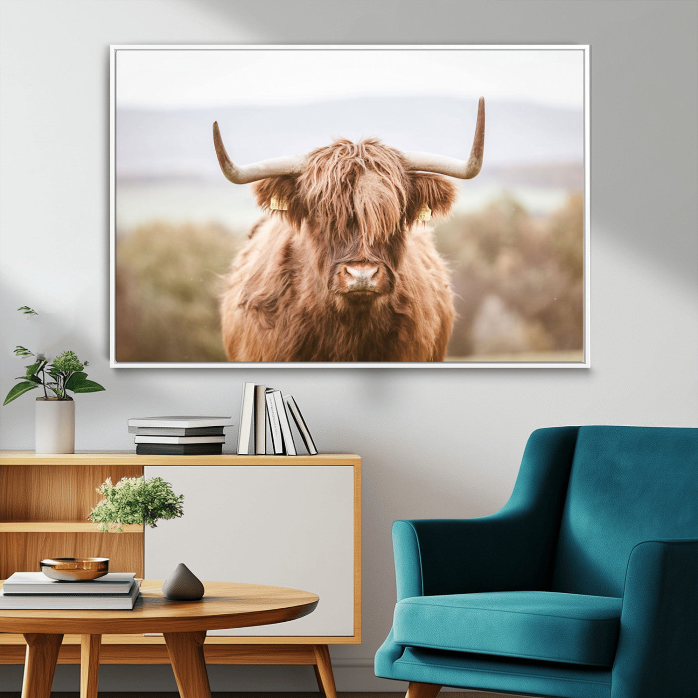 MGV-FC-36X24 - Scottish Serene Highland Cow Canvas Wall Art – Serene Highland Cow in Natural Pastel Tones – Ready