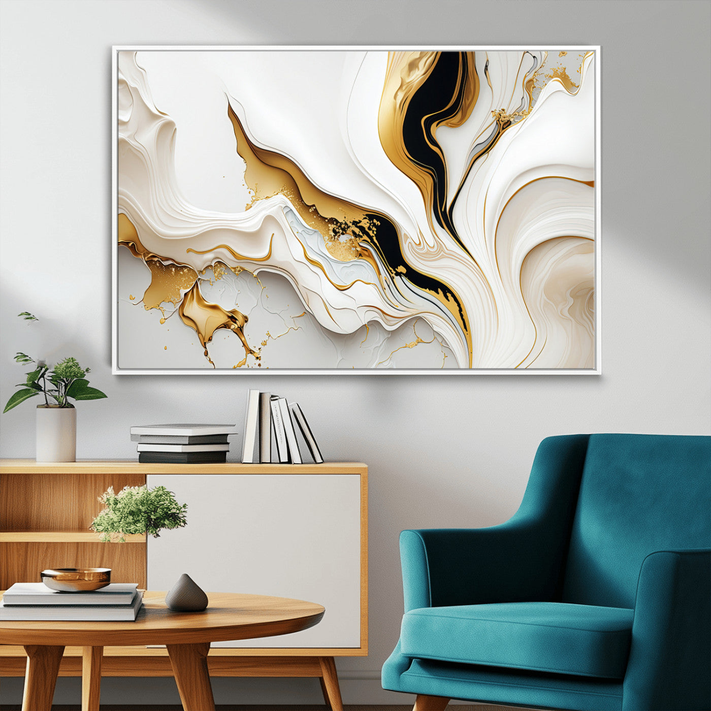 -Gold Waves on Pure White Canvas – Gold Abstract Art for Modern Interiors | Wall Art Canvas, Framed &