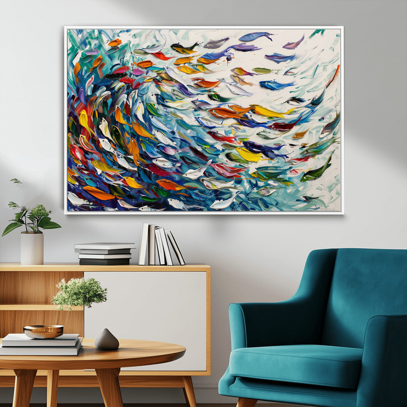 MGV-FC-36X24 - Modern Abstract Fish Shoal Wall Art Canvas Print, Colorful Fish Herd Painting on Canvas Print, Ocean