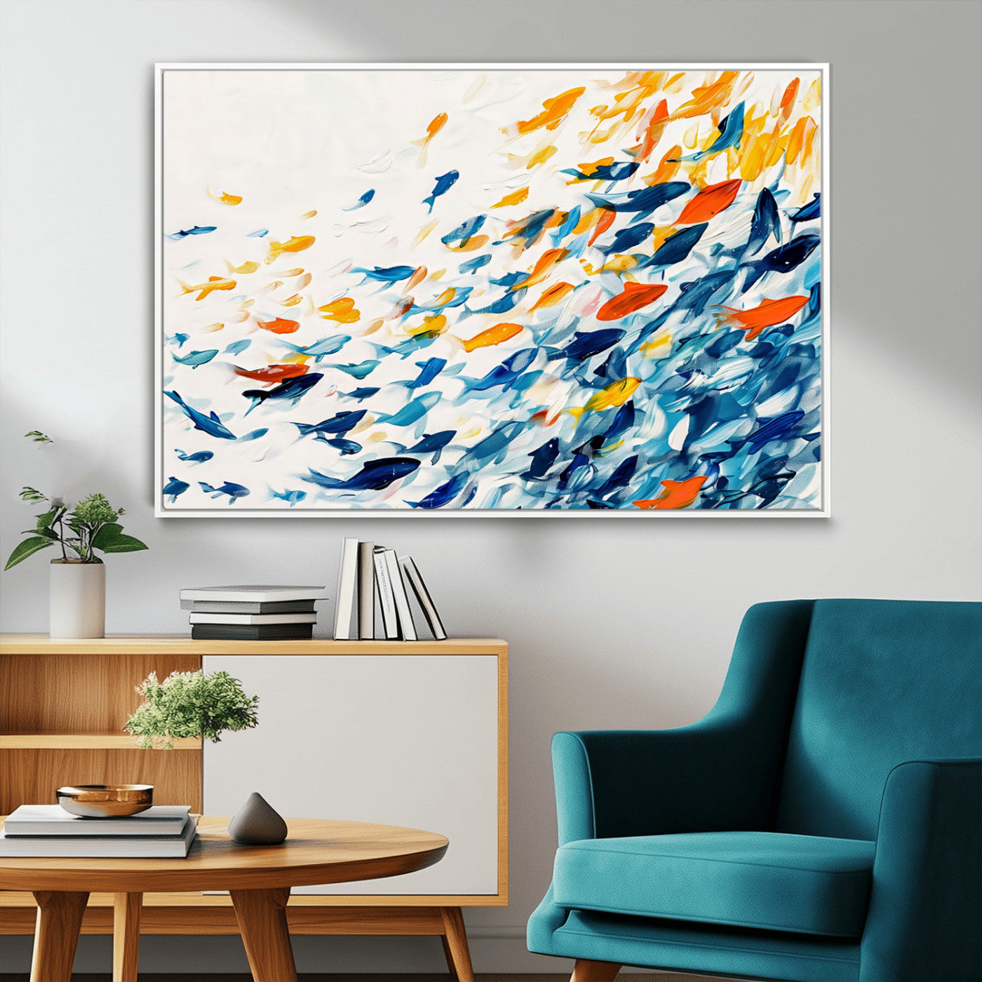 MGV-FC-36X24 - Abstract Fish Shoal Wall Art Canvas Print, Colorful Fish Herd Painting on Canvas Print, Ocean Animal