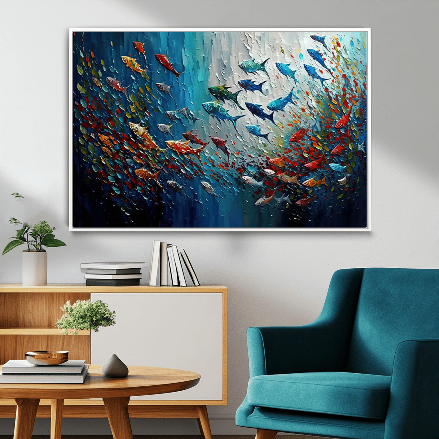 MGV-FC-36X24 - Modern Abstract Fish Shoal Wall Art Canvas Print, Colorful Fish Herd Painting on Canvas Print, Ocean