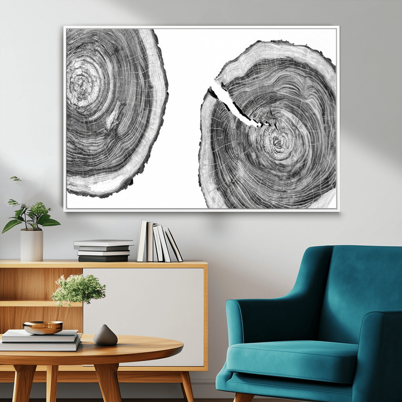MGV-FC-36X24 - Modern Black and White Tree Rings Canvas Wall Art – Nature Inspired Wood Slice Print – Minimalist