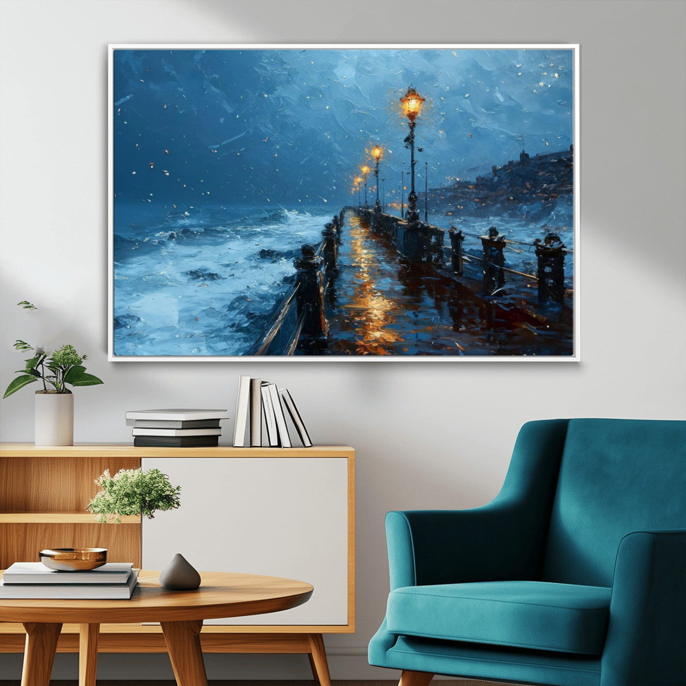 MGV-FC-36X24 - Stormy Night at Beach Pier Oil Painting Large Wall Art Print, Framed Canvas Nature Wall Decor,