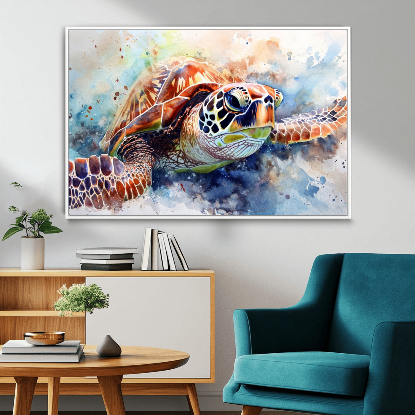 MGV-FC-36X24 - Watercolor Sea Turtle Wall Art Canvas Print - Vibrant Ocean Colors in Watercolor Style - Ready to