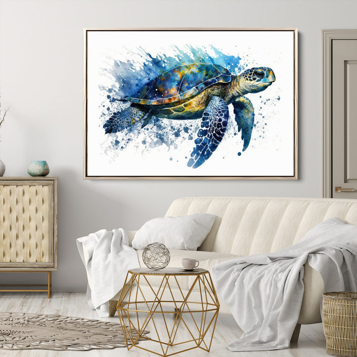 The Turtle Wall Art Print, featuring blue splashes, beautifully showcases Ocean Life.