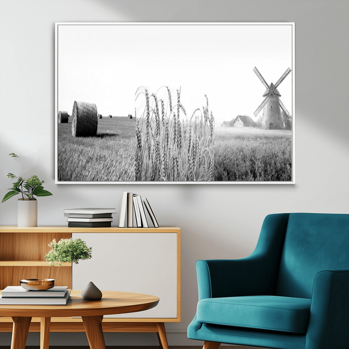 MGV-FC-36X24 - Vintage Farmhouse Black and White Triptych Wall Art – Giclee Canvas Featuring Wheat Fields, Hay
