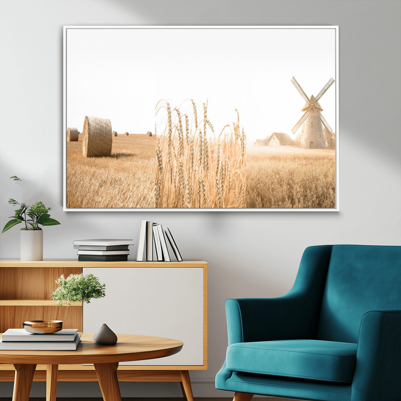 MGV-FC-36X24 - Vintage Farmhouse Triptych Wall Art – Giclée Canvas Featuring Wheat Fields, Hay Bales, and a