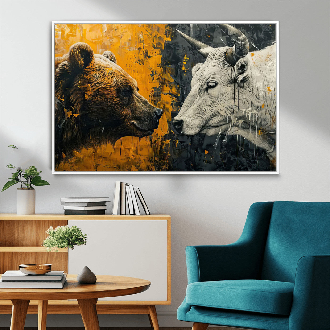 MGV-FC-36X24 - Bear and Bull Wall Art Canvas Print – Abstract Animal Portrait Painting for Modern Home Decor –