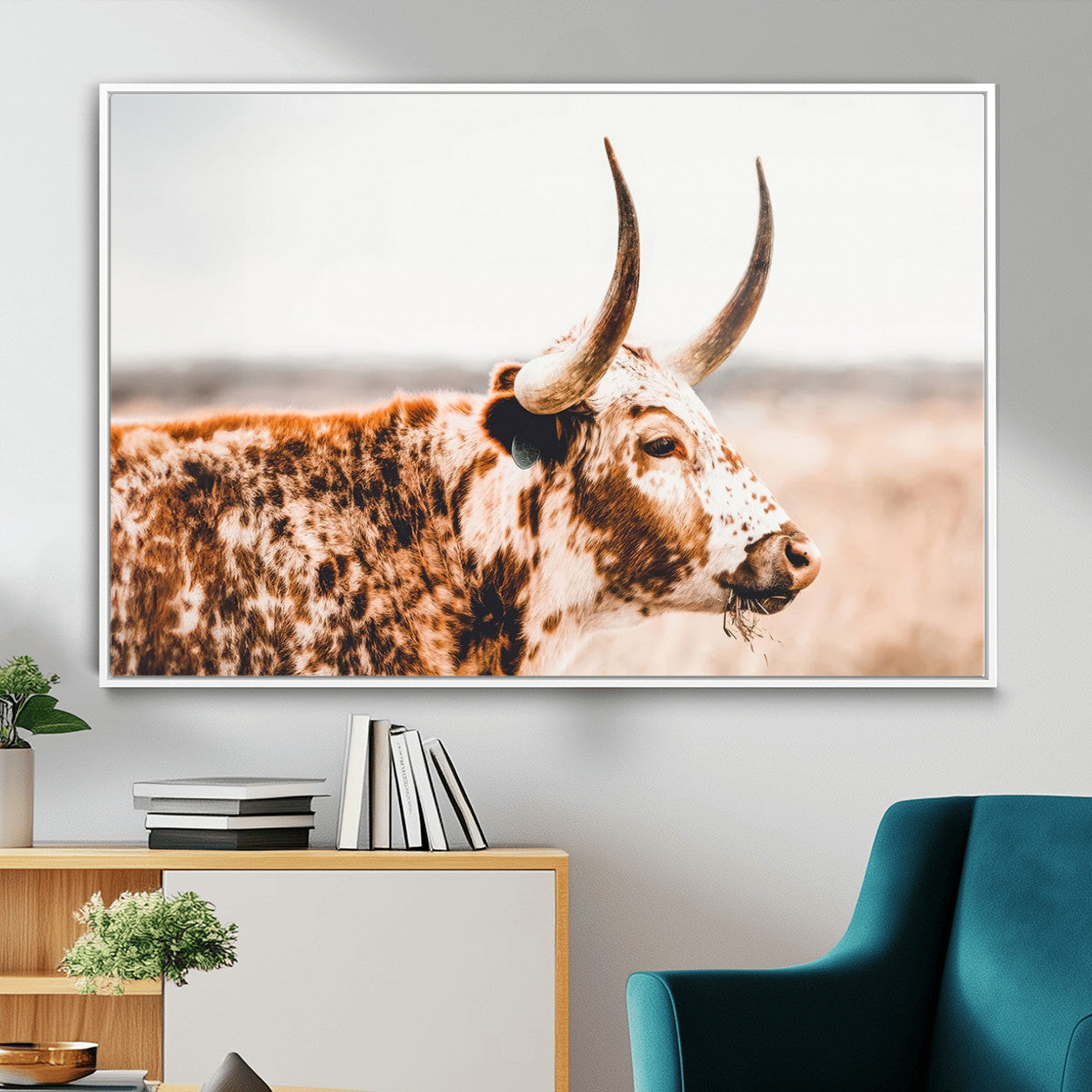 MGV-FC-36X24 - Speckled Bull Wall Art Canvas Print – Rustic Cow Longhorn Farmhouse Animal Decor – Western Longhorn