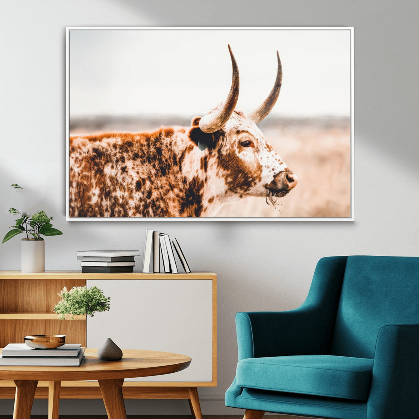 50356-MGV-FC-36X24_White-Speckled Bull Wall Art Canvas Print – Rustic Cow Longhorn Farmhouse Animal Decor – Western Longhorn