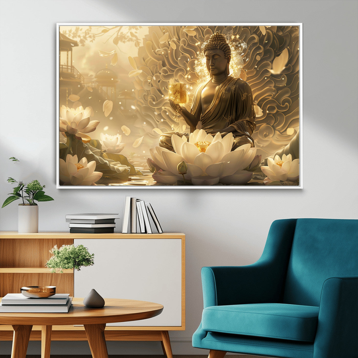 MGV-FC-36X24 - Golden Buddha Wall Art | Yoga Room Decor and Meditation Room Wall Art | Framed and Ready to Hang