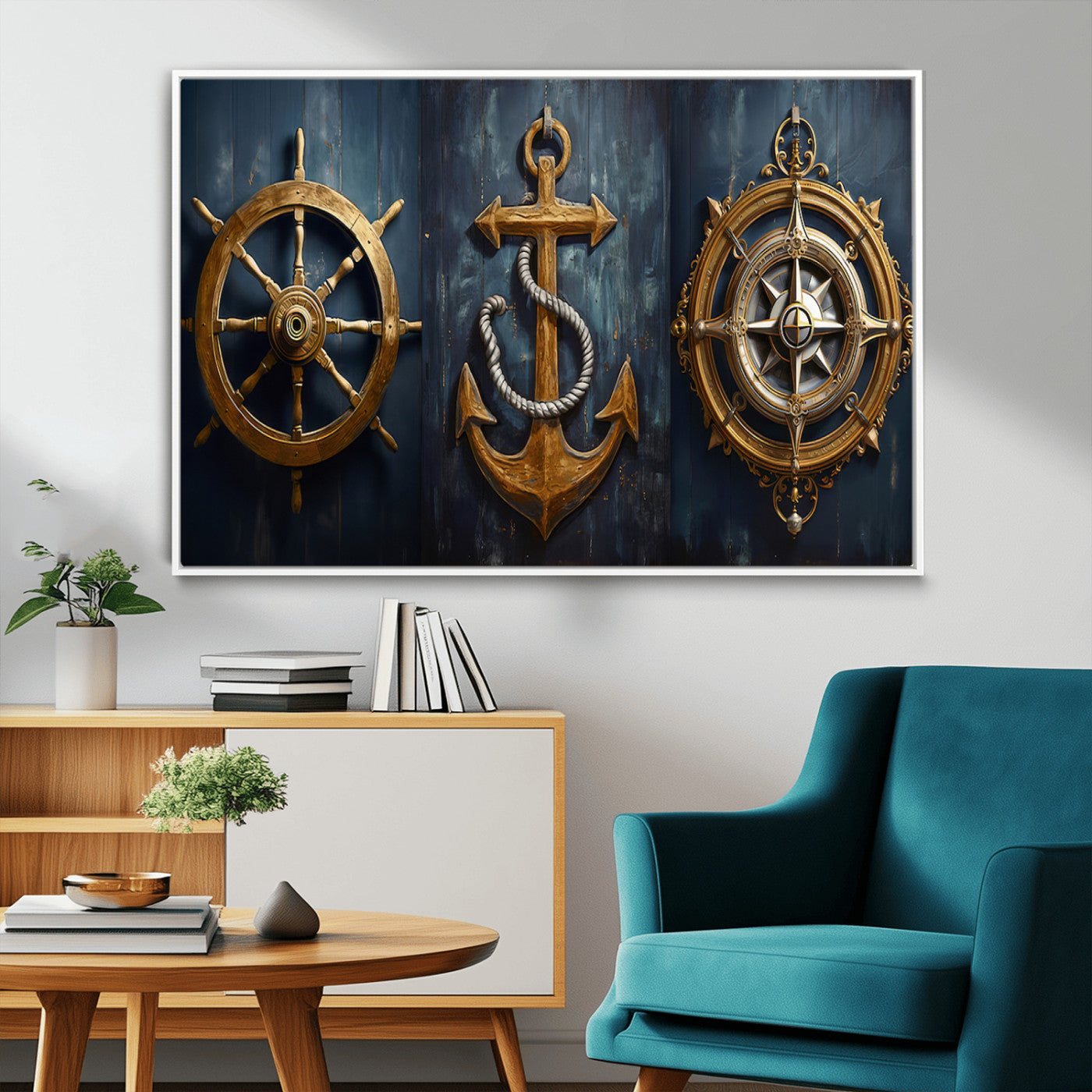 MGV-FC-36X24 - Boat Anchor Compass With Rope Wall Art Canvas Print | Beach House Wall Art