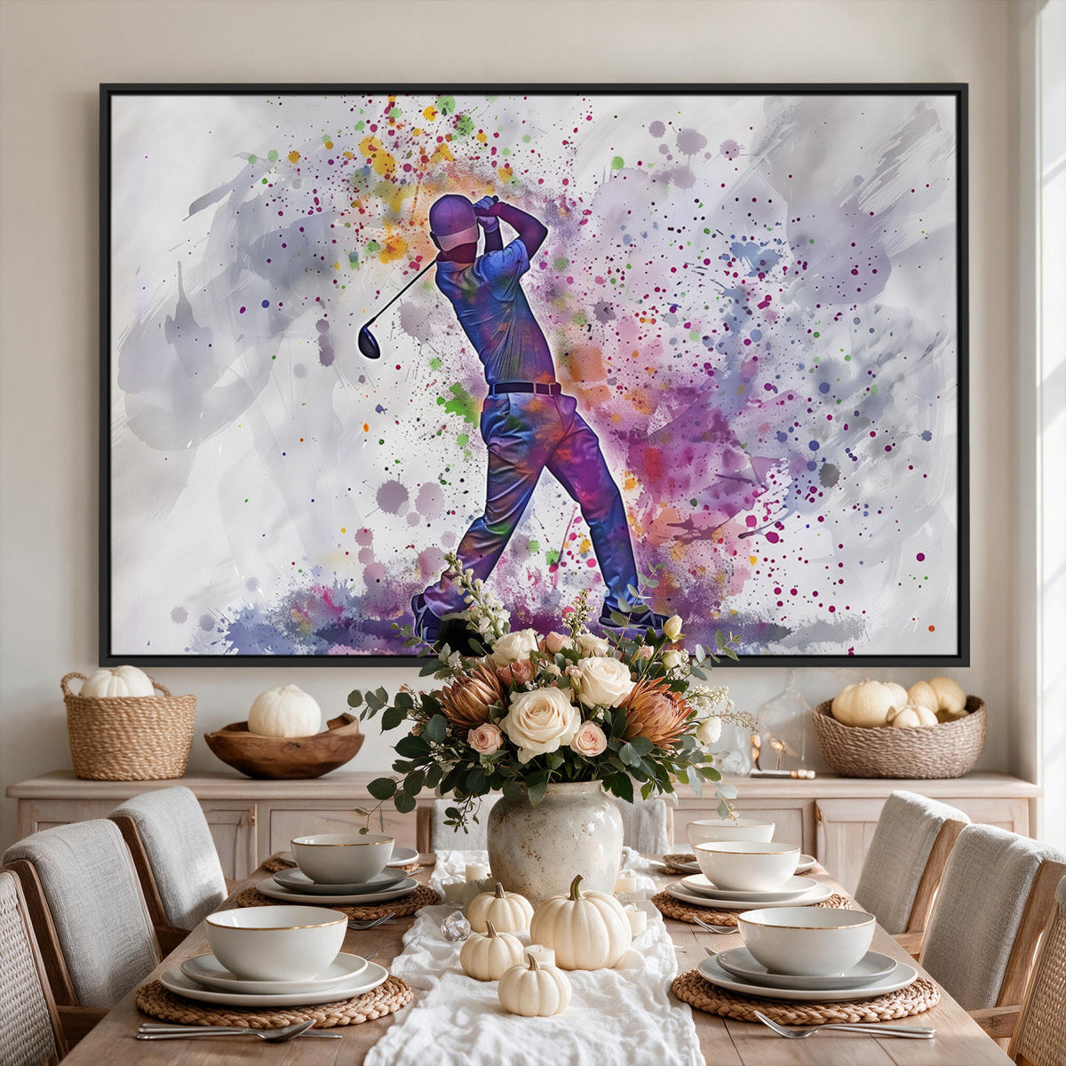 60116-MGV-CV-36X24 - Watercolor Golf Swing Wall Art Canvas Print, Vibrant, Framed and Ready to Hang