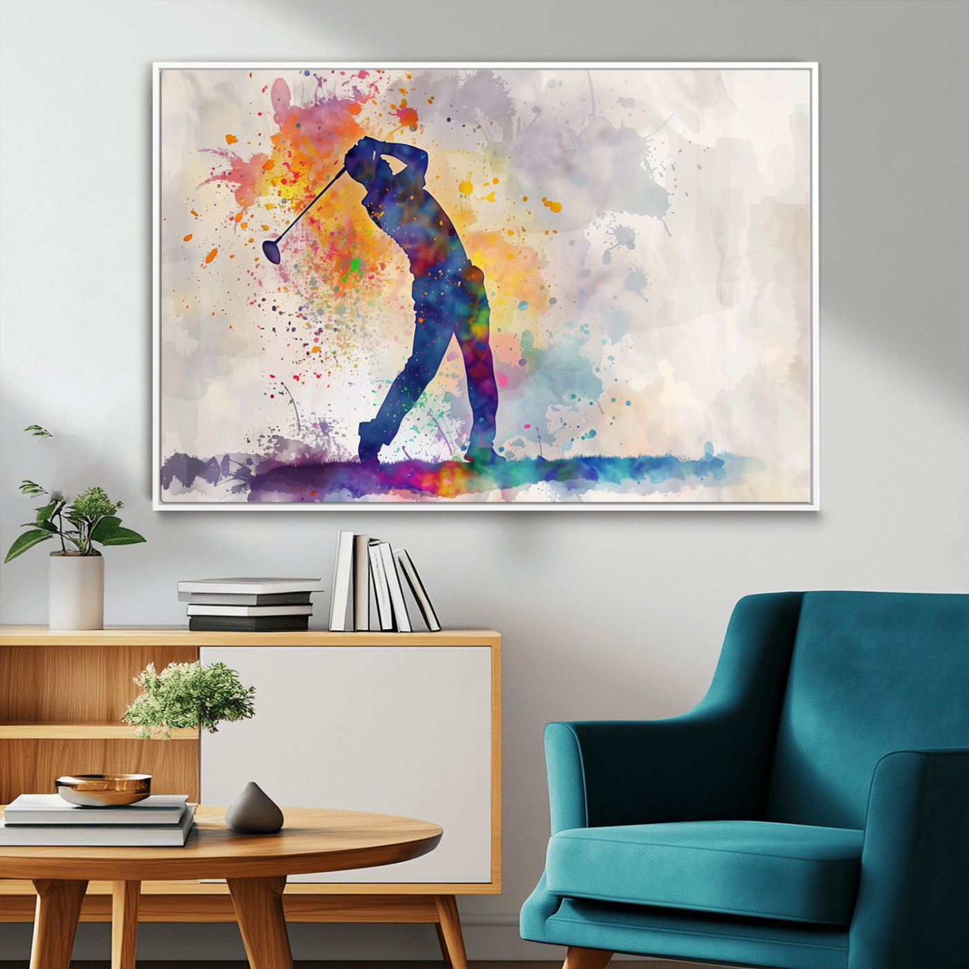 MGV-FC-36X24 - Watercolor Golf Swing Wall Art Canvas Print | Vibrant Abstract Golf Player Silhouette |