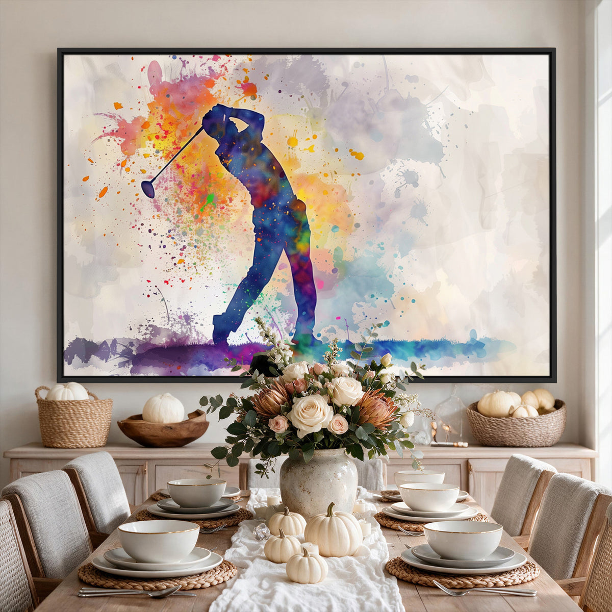 89625-MGV-CV-36X24 - Vibrant Watercolor Golf Swing Wall Art Canvas Print | Extra Large 3 Piece Canvas Wall Art