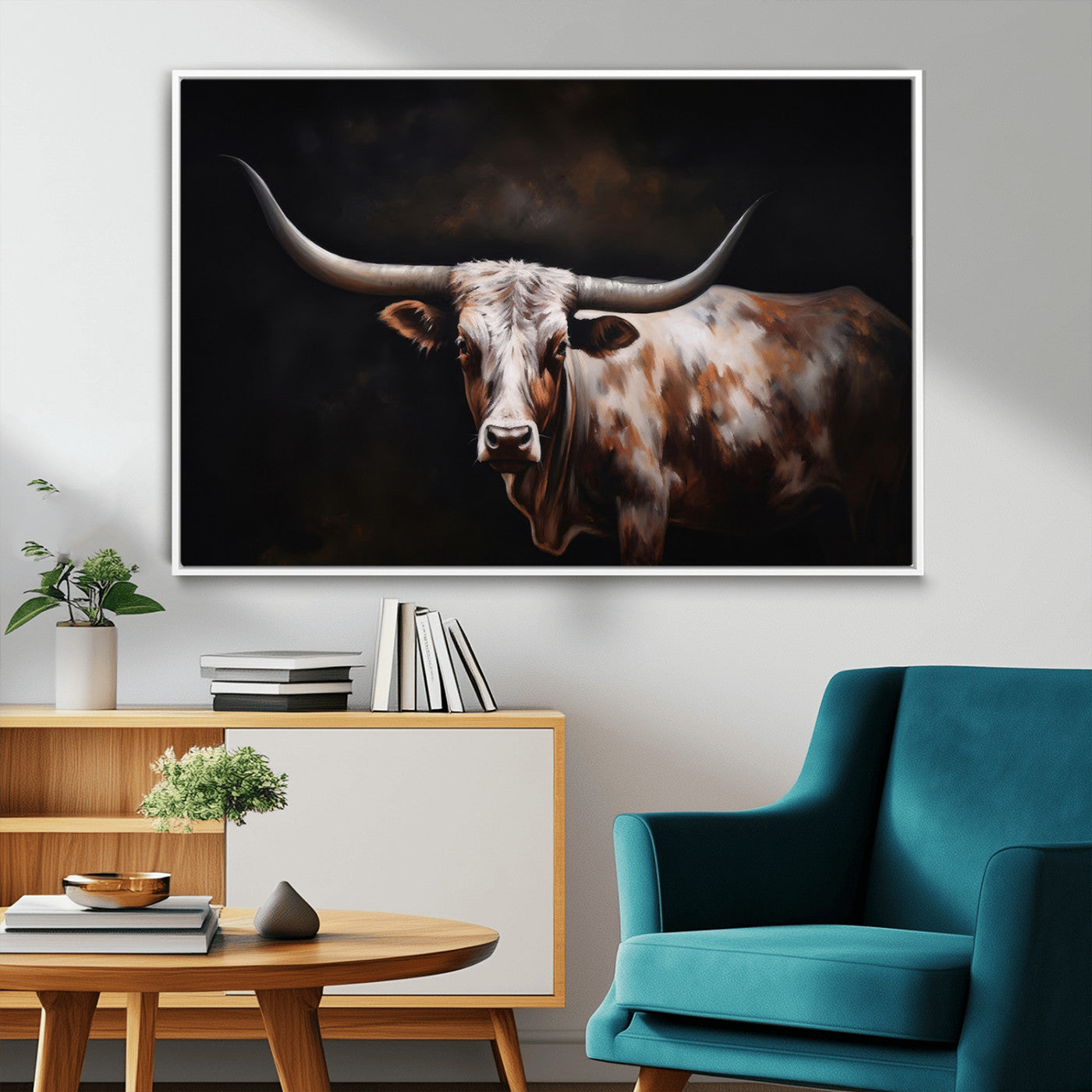 82543-MGV-FC-36X24_White-Texas Longhorn Wall Art Canvas Print | Western Ranch Decor | Bold Rustic Cattle Artwork | Ready to