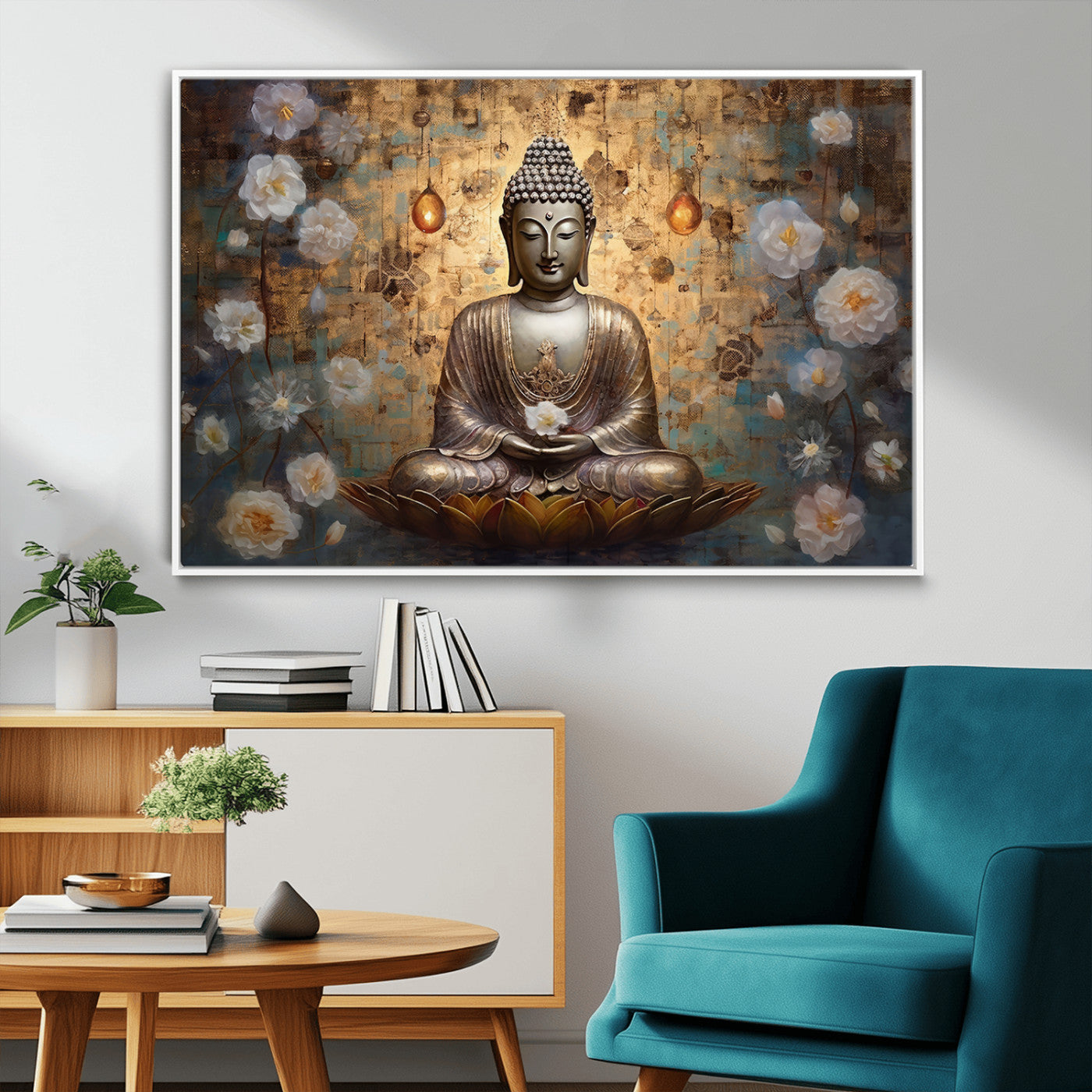 MGV-FC-36X24 - Golden Buddha Wall Art Canvas Print | Zen Meditation Floral Decor | Tranquil Spiritual Home Art |