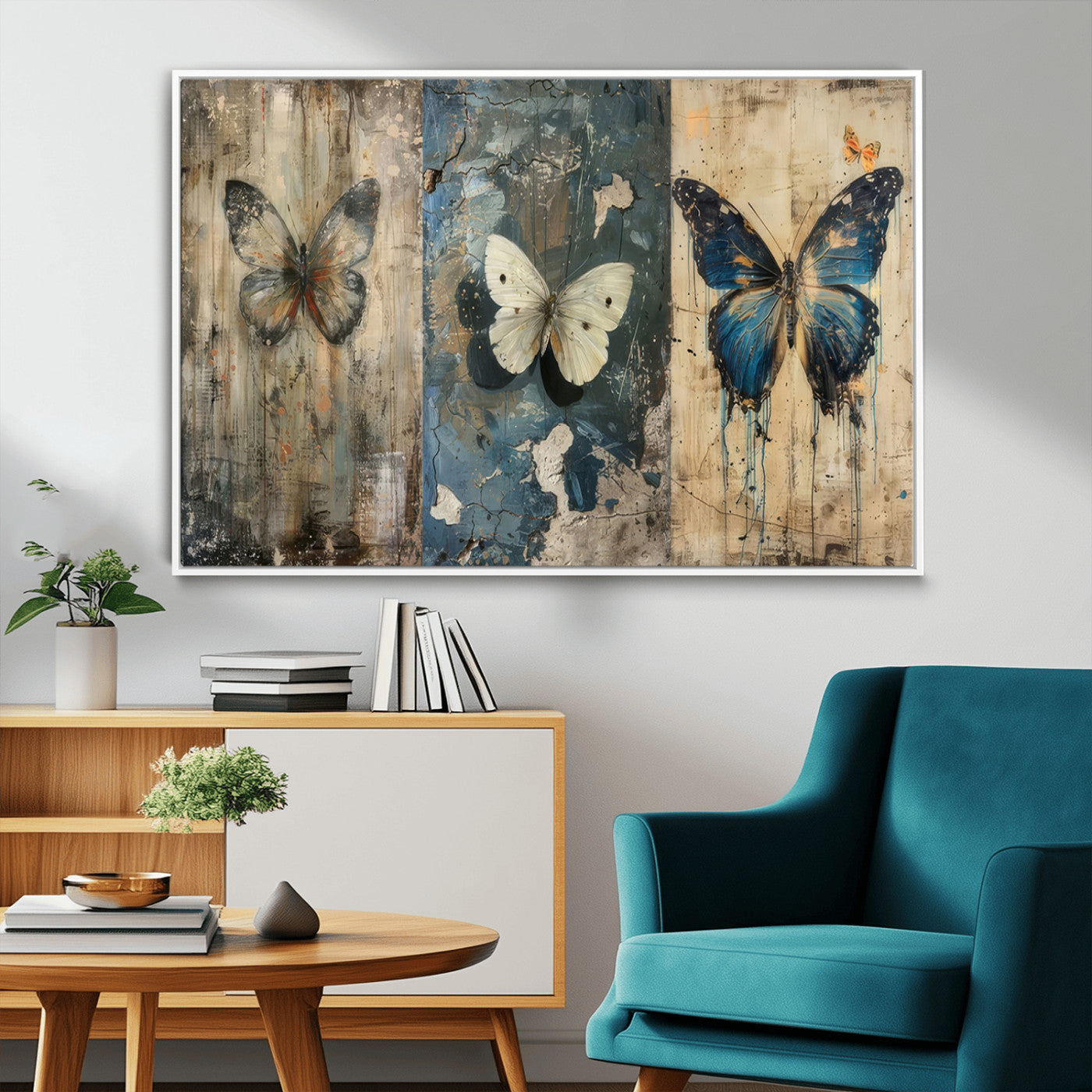MGV-FC-36X24 - Butterfly Wall Art Trio | Vintage Butterfly Canvas Print | Ready to Hang Framed Artwork for