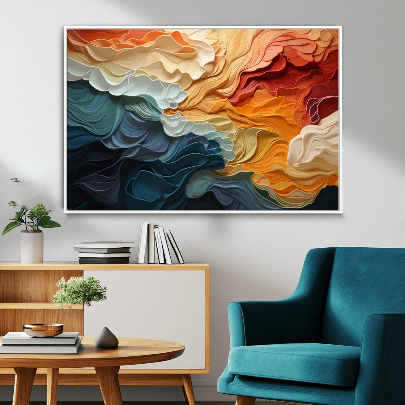 MGV-FC-36X24 - Blue Orange Abstract Wave Wall Art Canvas Print, Framed Blue Orange Wave Wall Art