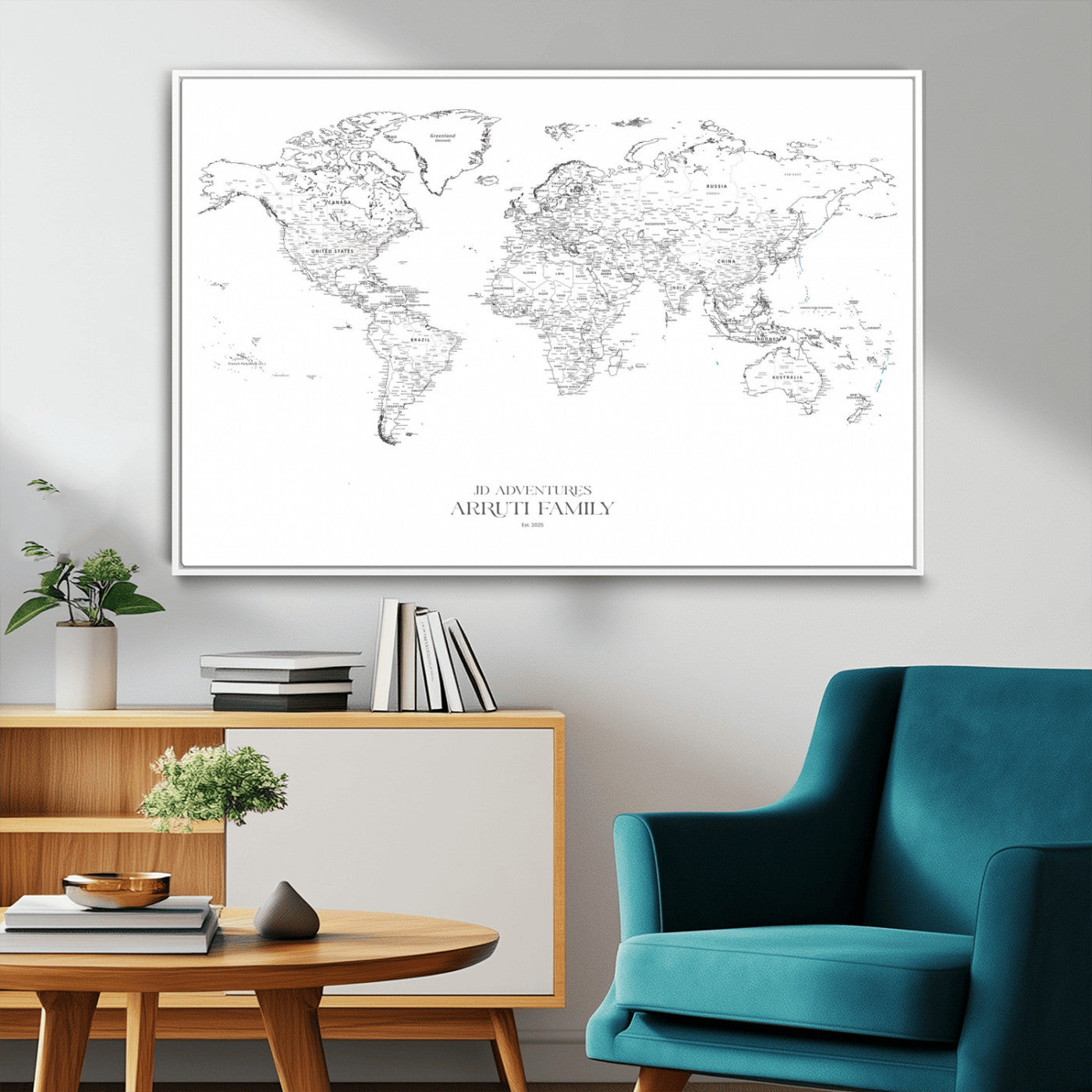 MGV-FC-36X24 - Custom World Map Wall Art – Personalized Framed Canvas Print with Push Pins for Travel Tracking,