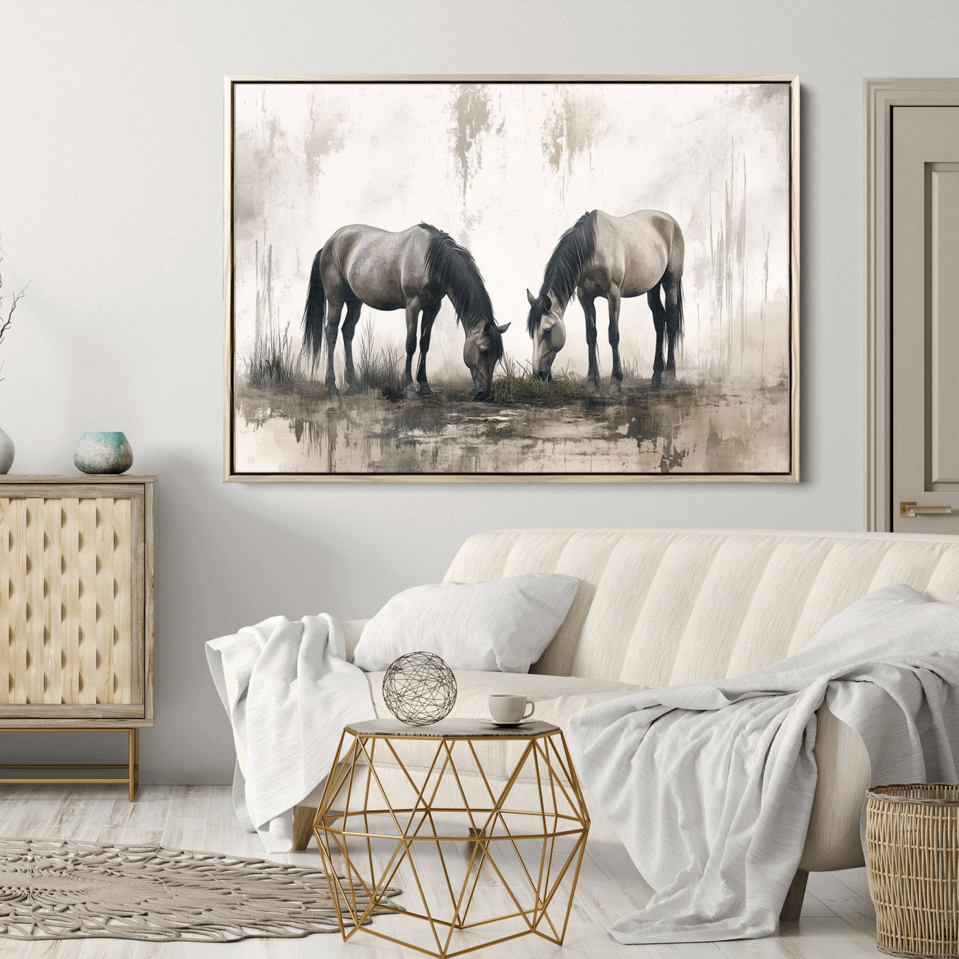35494-MGV-CV-36X24-Chines Ink Style Vintage Horses Wall Art Canvas Print for Farmhouse Wall Decor