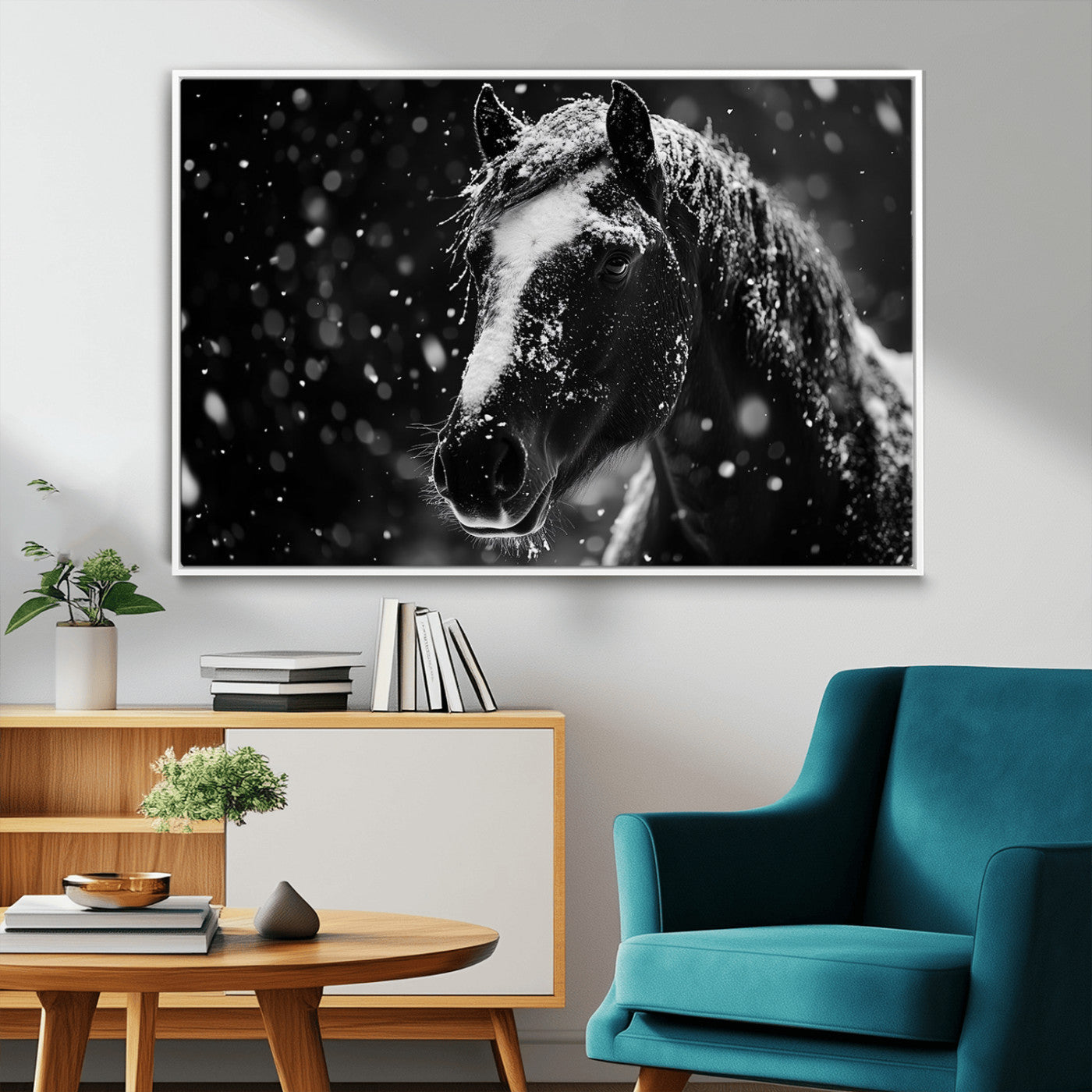 MGV-FC-36X24 - Winter Horse Wall Art | Black and White Horse Print | Ready to Hang and Framed | Farmhouse Wall Art