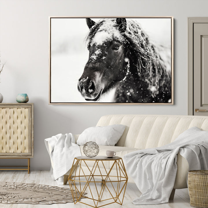 The wall art is a Black and White Horse piece, framed and ready to hang.