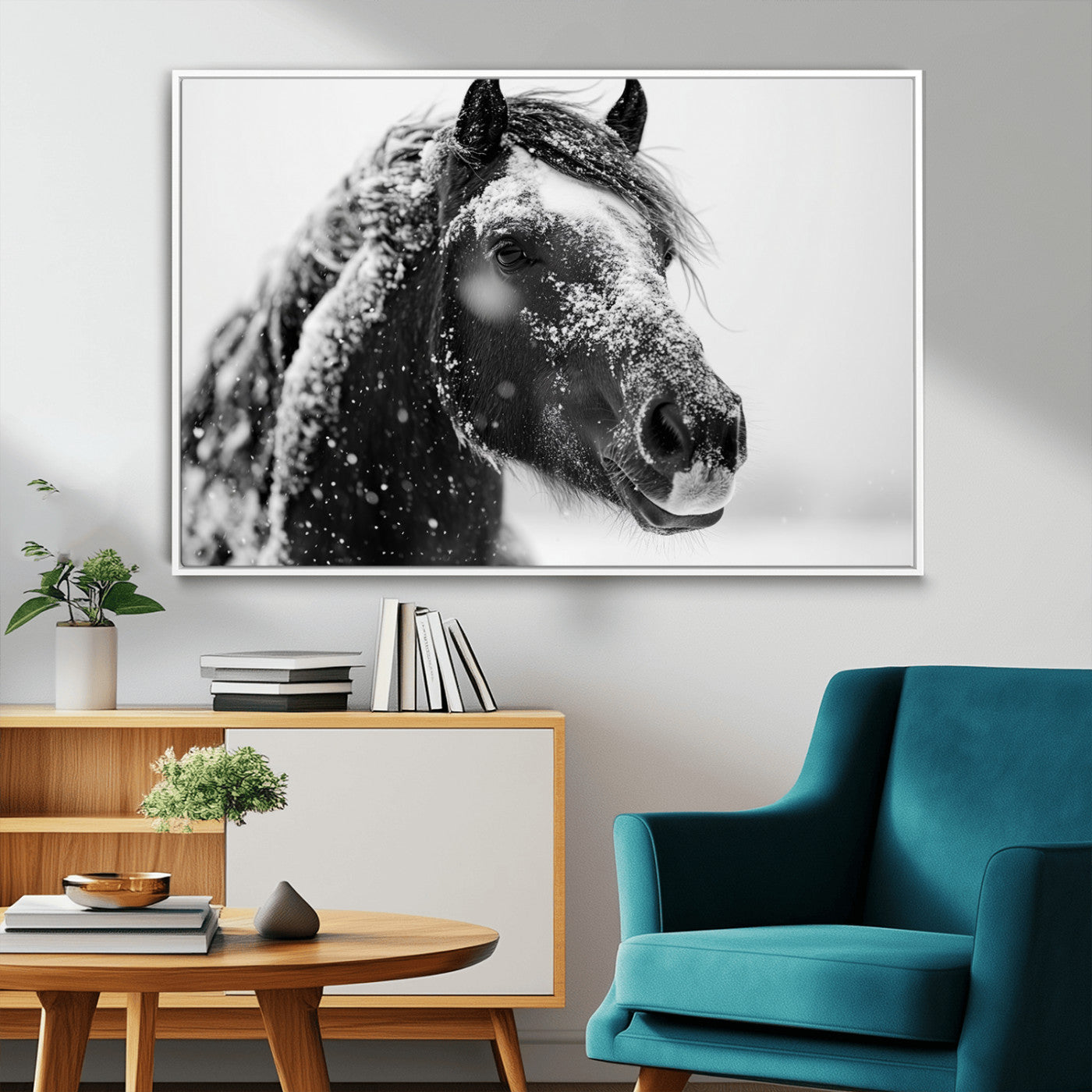 MGV-FC-36X24 - Winter Horse Canvas Print | Large 3-Panel Black White Equine Photography for Rustic Farmhouse Wall