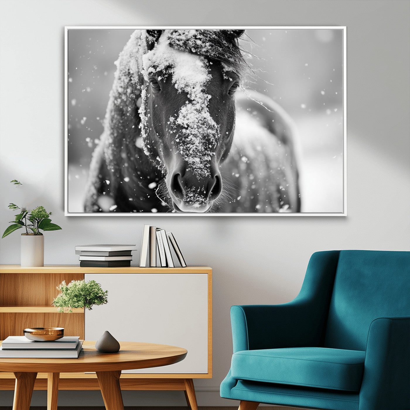 MGV-FC-36X24 - Black and White Horse Winter Wall Art | Ready to Hang and Framed | Farmhouse Wall Decor | Western