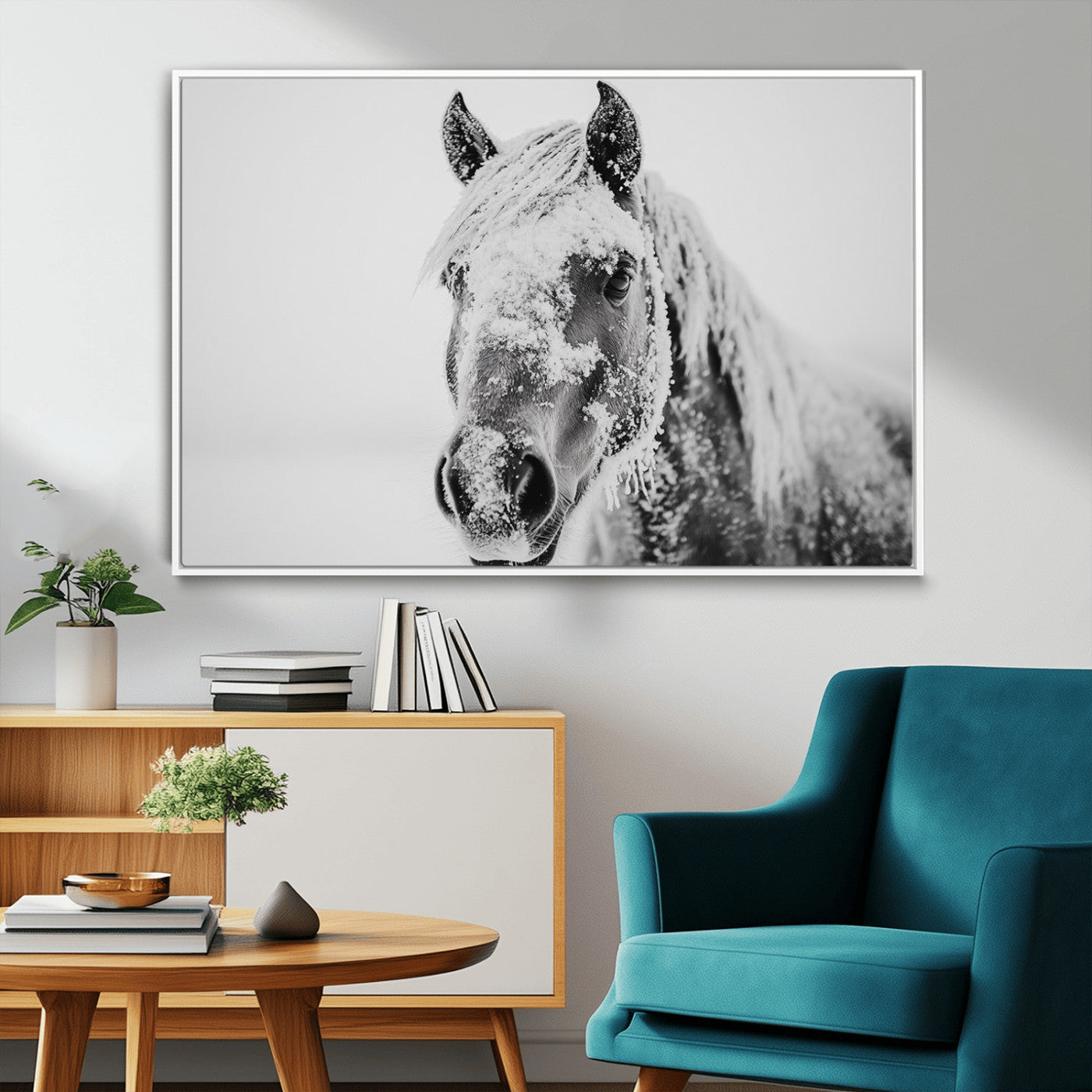 MGV-FC-36X24 - White Horse Wall Art | Ready to Hang and Framed | Winter Horse Wall Art Print for Farmhouse and