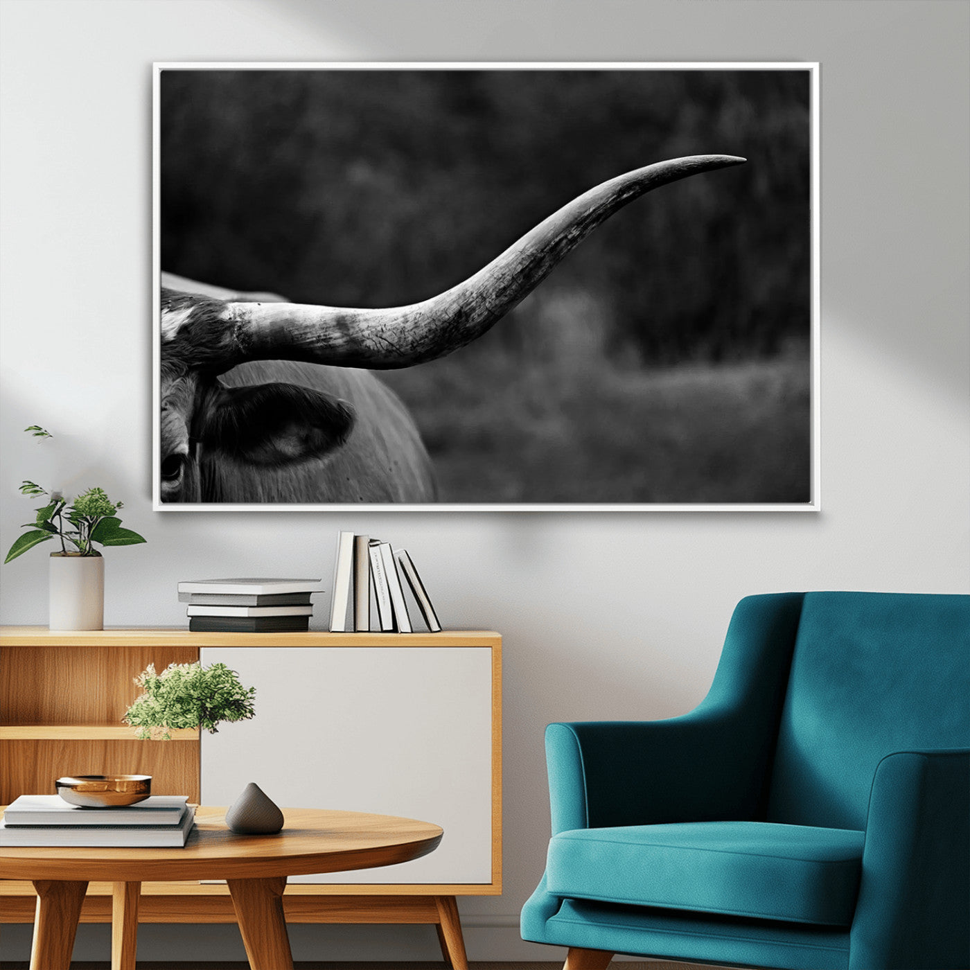MGV-FC-36X24 - Cow Longhorn Wall Art | Black and White Print | Ready to Hang and Framed | Farmhouse Wall Decor |