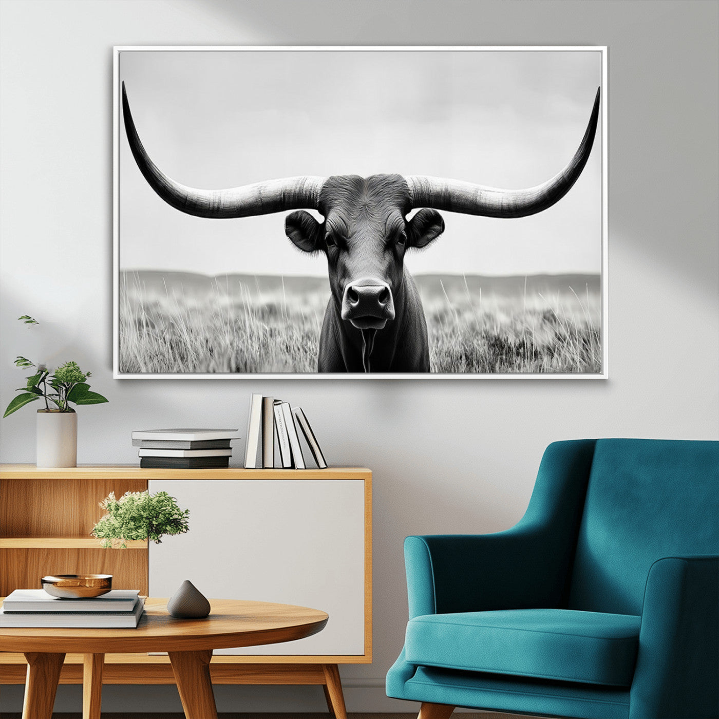 73780-MGV-FC-36X24_White-Longhorn Bull Canvas Print | Rustic Farmhouse Wall Art | Western Decor | Ready to Hang and Framed