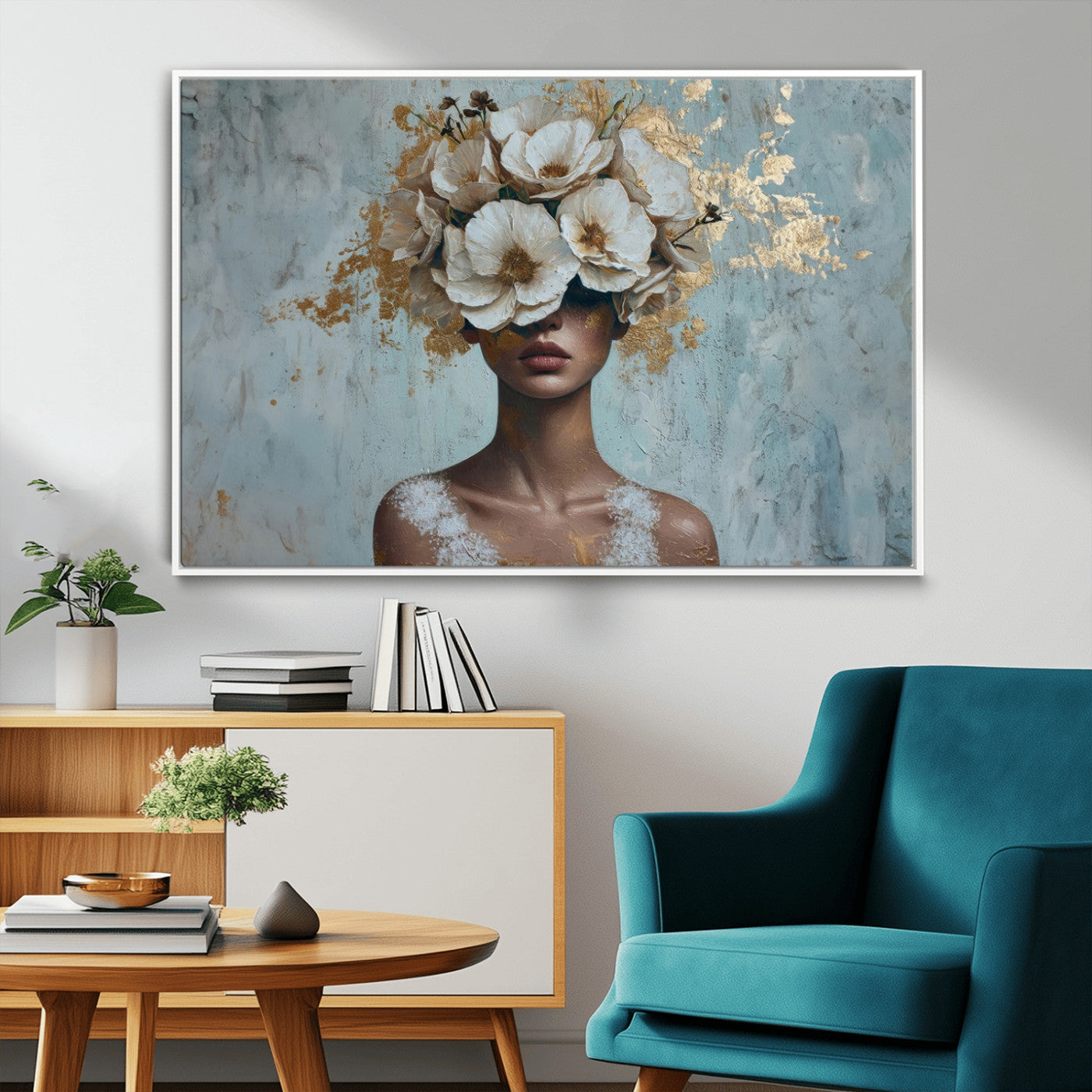 MGV-FC-36X24 - Golden Petal Wall Art - Petal Silhouette Woman Wall Art Canvas Print | Large 3-Panel Canvas with