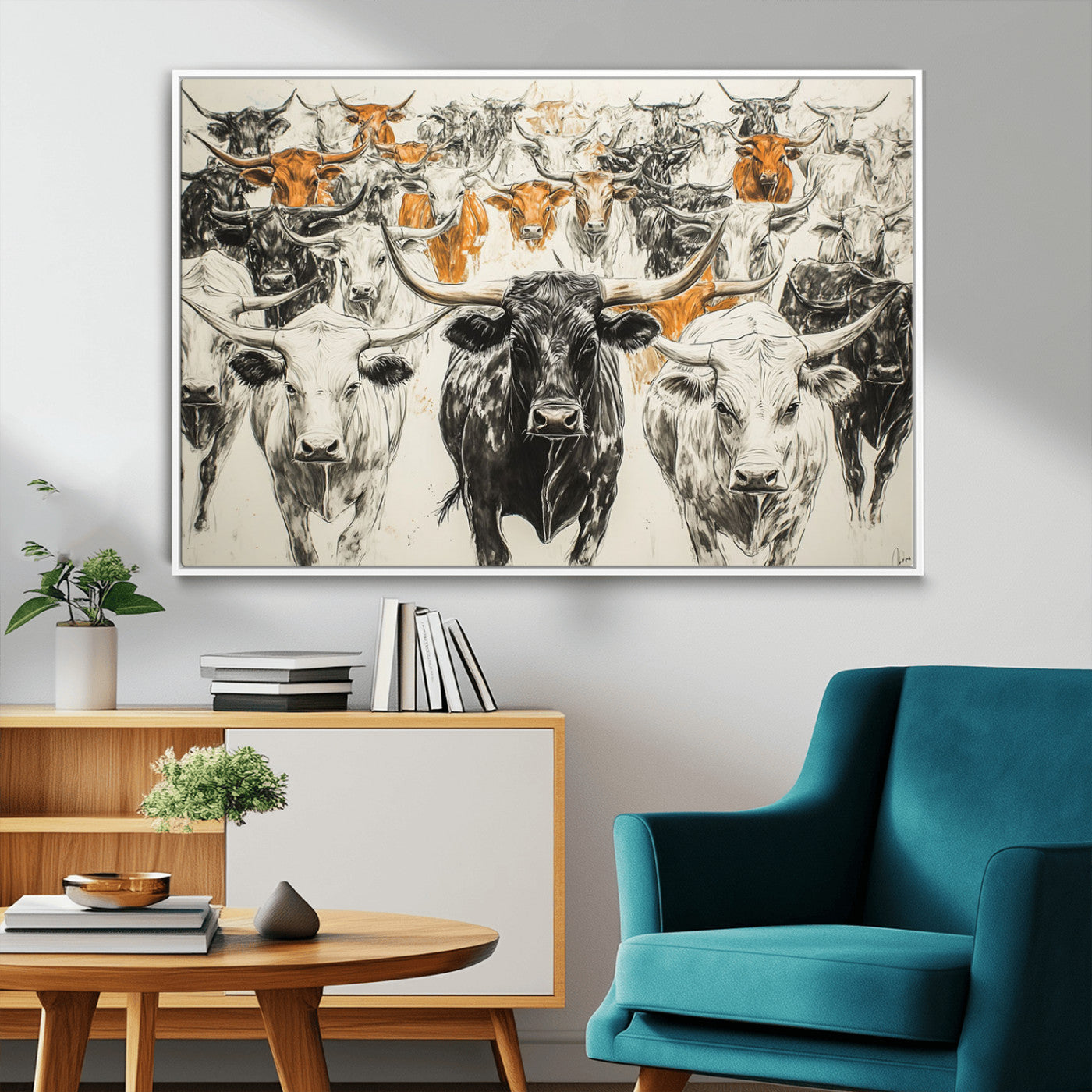 MGV-FC-36X24 - Texas Longhorn Wall Art - Herd Canvas Wall Art Print - Abstract Cow Drawing Wall Art Print for