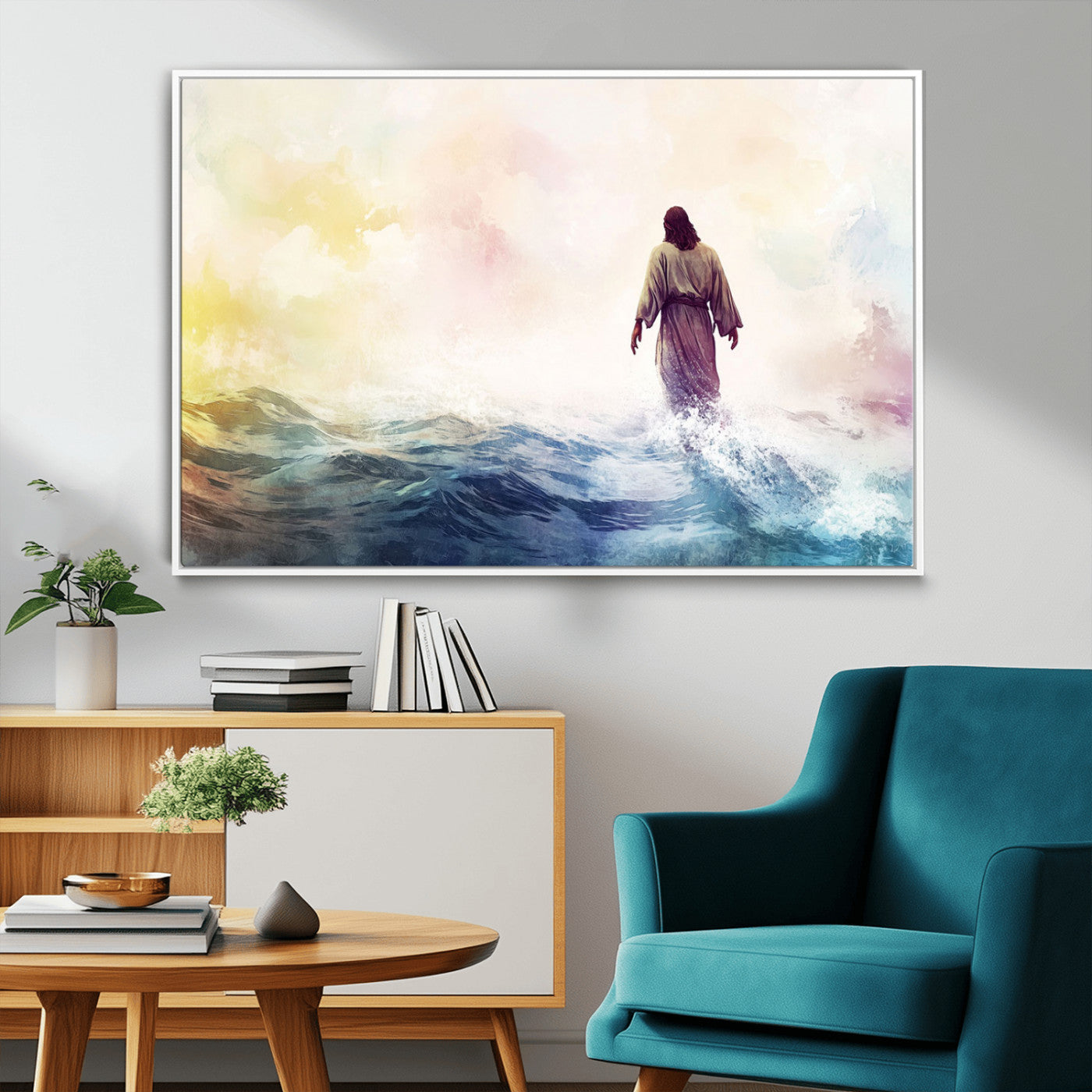 MGV-FC-36X24 - Watercolor Jesus Walking on Water Canvas Print, Christian Wall Art, Jesus Christ Walking