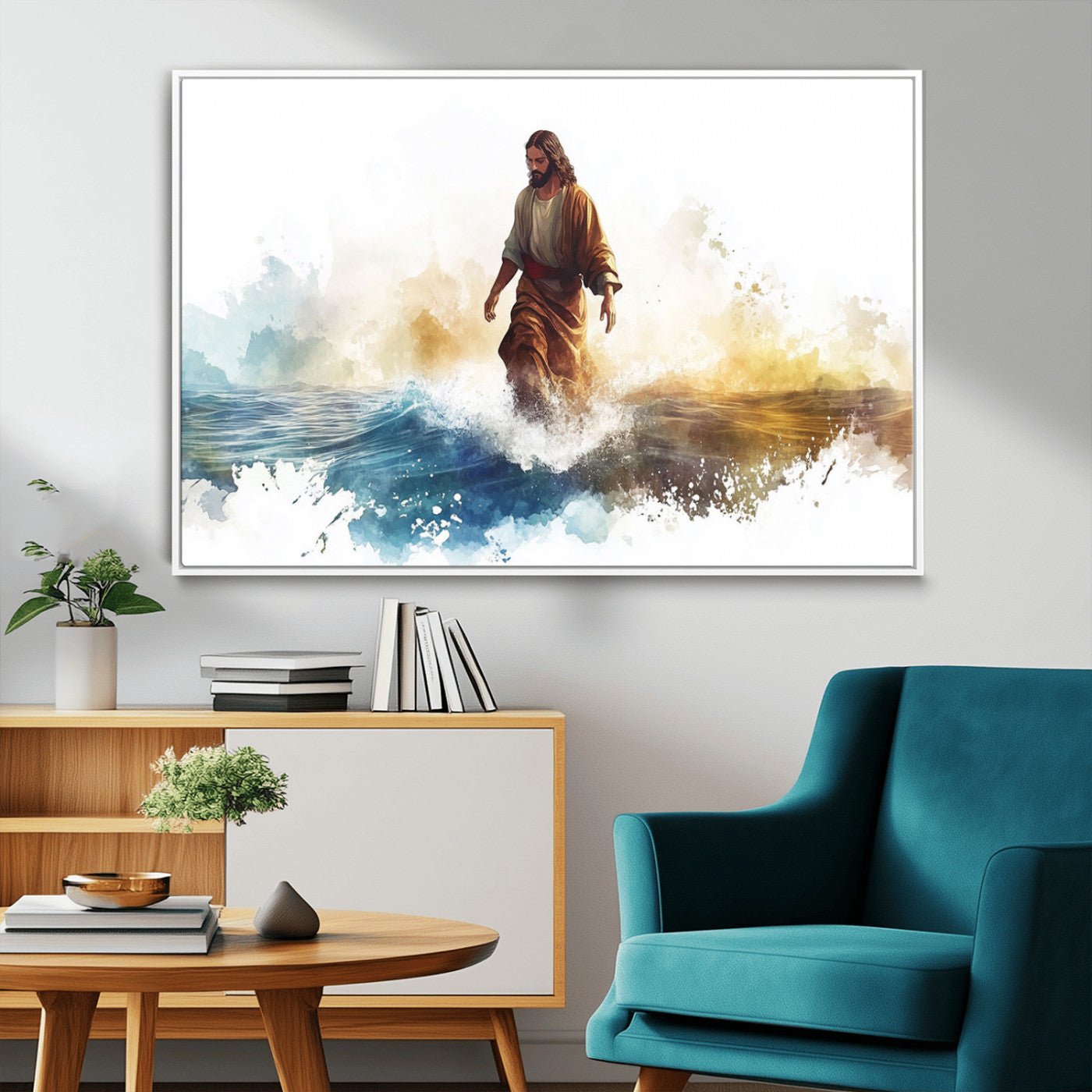 MGV-FC-36X24 - Watercolor Jesus Walking Wall Art Print, Jesus Water Canvas Print, Christian Wall Art, Jesus Christ