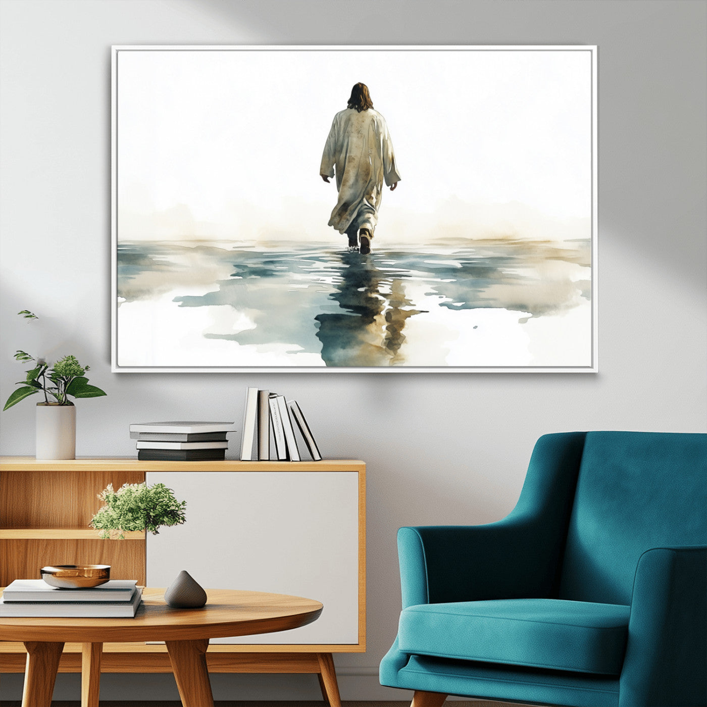 MGV-FC-36X24 - Watercolor Jesus Walking on Water Canvas Print, Christian Wall Art, Jesus Christ Walking