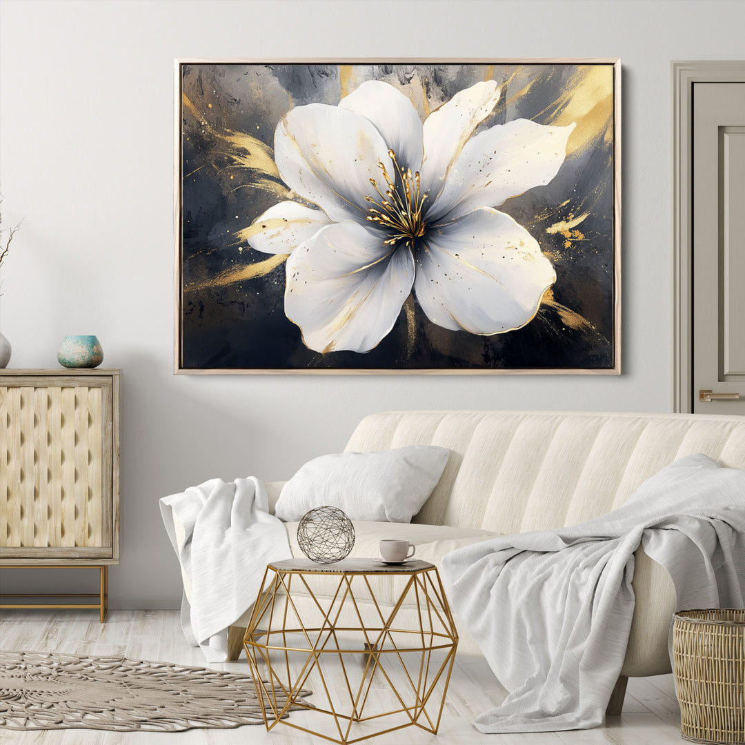 White Flower Wall Art | Canvas Print | Ready to Hang | Abstract Floral Wall Decor | Elegant Bloom Artwork | Framed for Living Room or Bedroom