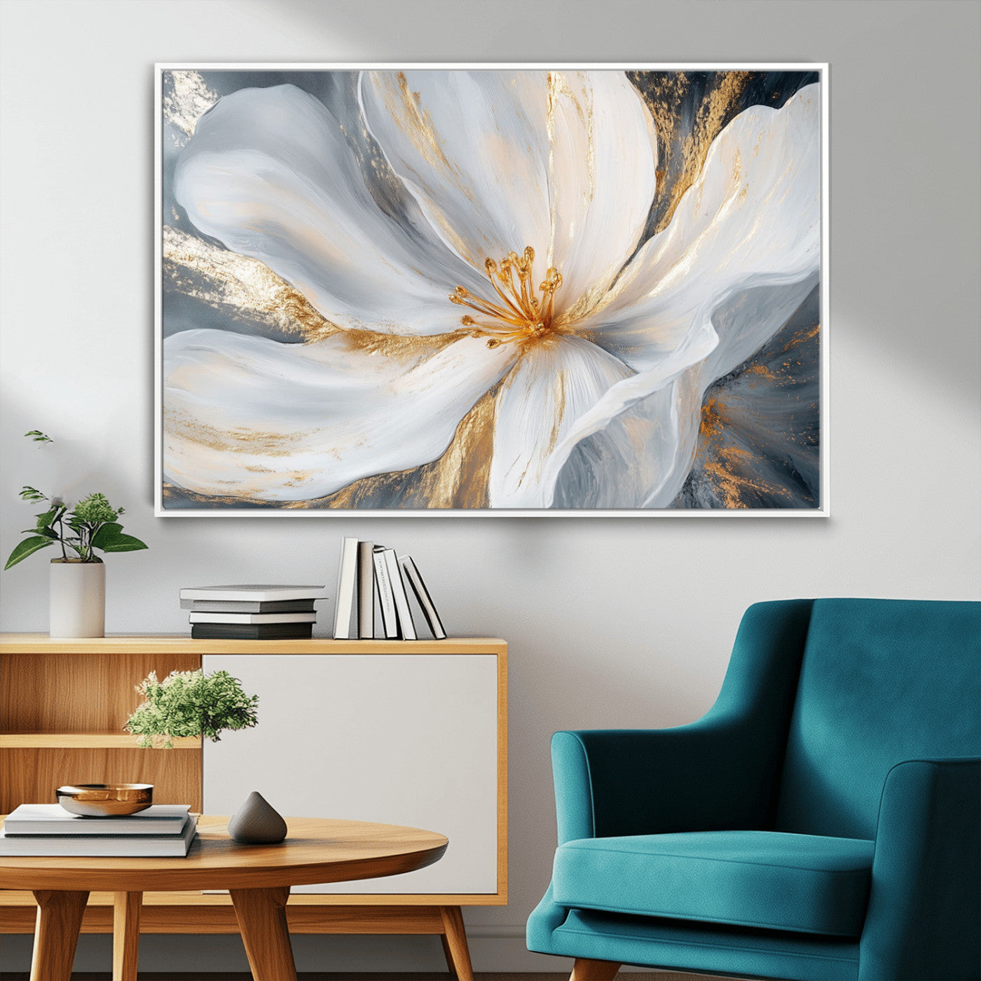 MGV-FC-36X24 - White and Gold Floral Canvas Wall Art - Framed and Ready to Hang - Perfect for Modern Living Rooms