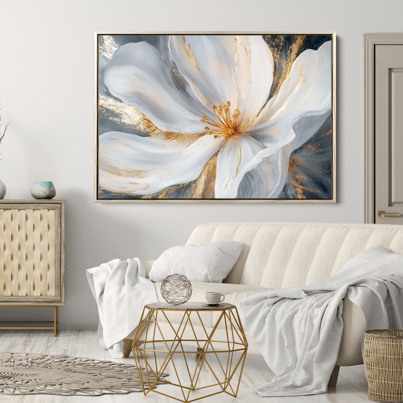 83149-MGV-CV-36X24-White and Gold Floral Canvas Wall Art - Framed and Ready to Hang - Perfect for Modern Living Rooms