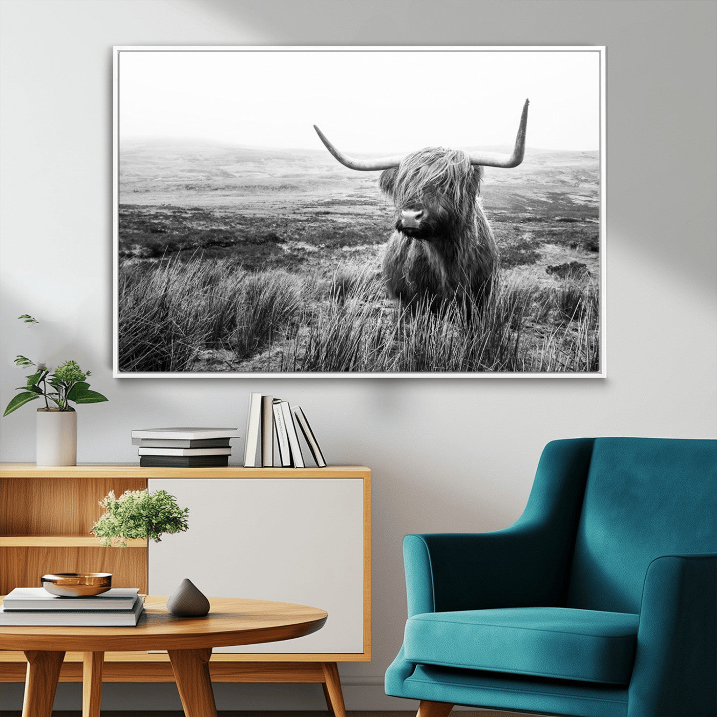 MGV-FC-36X24 - Scottish Highland Cow Wall Art | Black and White Canvas Print | Ready to Hang and Framed | Rustic