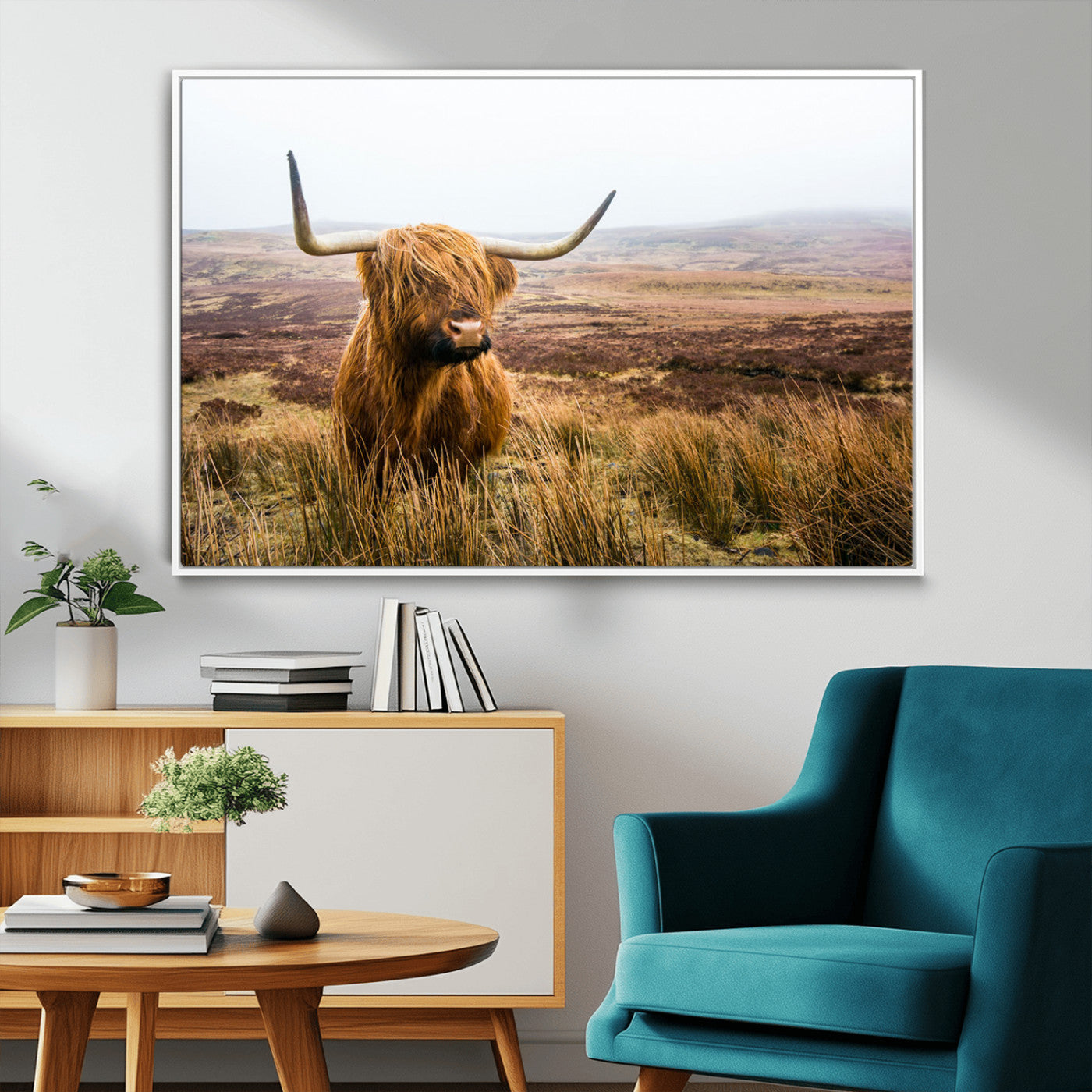 97274-MGV-FC-36X24_White-Scottish Highland Cow Canvas Wall Art – Rustic Farmhouse Charm with Highland Cattle – Ready to Hang