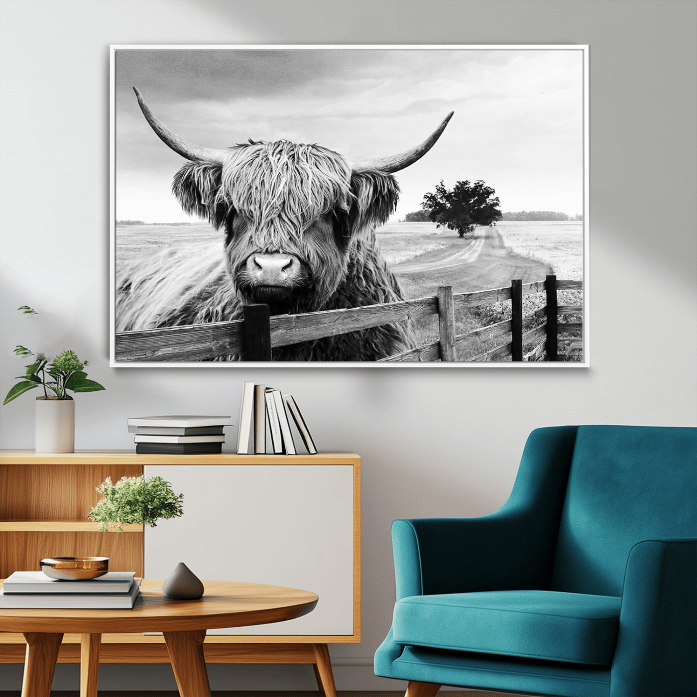 MGV-FC-36X24 - Scottish Highland Cow Wall Art | Rustic Farmhouse Décor | Black and White Ready to Hang Canvas Print