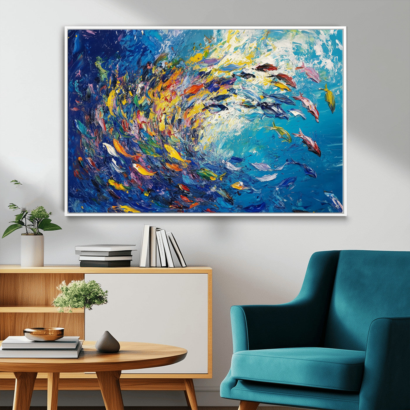 MGV-FC-36X24 - Colorful Swirling Fish School Wall Art Canvas Print | Oceanic Abstract Painting | Ready to Hang |